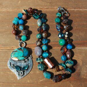 Handmade Natural Blue Copper Turquoise & Brown Beaded Necklace with Pendant, Kno